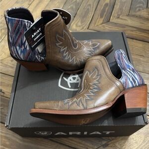 Ariat Chimayo Brown Leather Western Ankle Booties with Blue Multicolor Heel